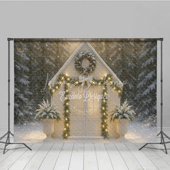 Lofaris Christmas White House Photography Backdrop Snowy Scene with Garland and Lights Holiday Mini Session Background