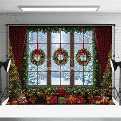 Lofaris Christmas Window Photography Backdrop Snowy View with Wreaths and Red Curtains Holiday Mini Session Background