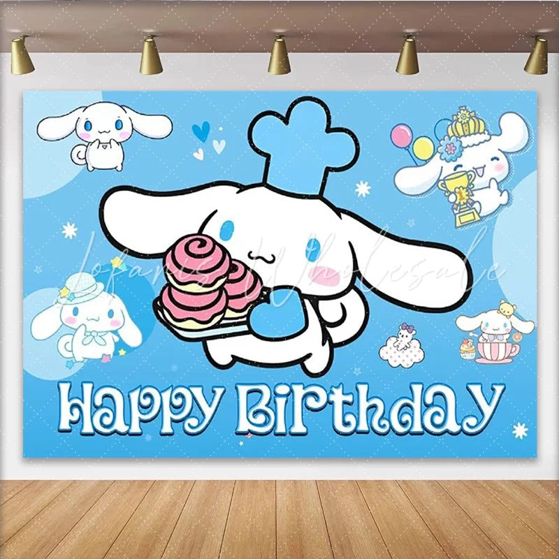 Lofaris Cinnamoroll Happy Birthday Backdrop for Boys or Girls Blue Sanrio Inspired Theme Cute Cartoon Dog Party Decor