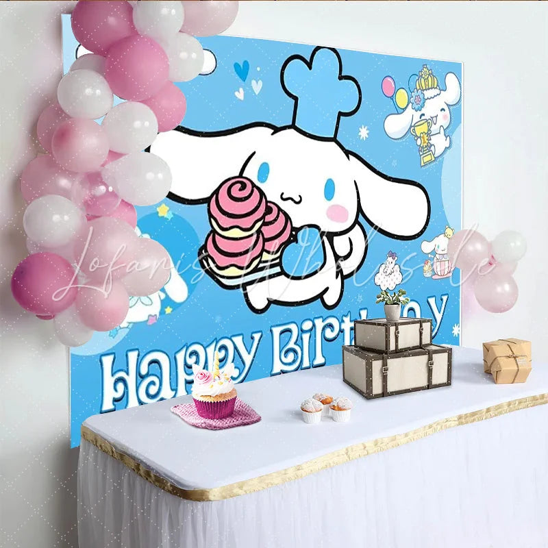 Lofaris Cinnamoroll Happy Birthday Backdrop for Boys or Girls Blue Sanrio Inspired Theme Cute Cartoon Dog Party Decor