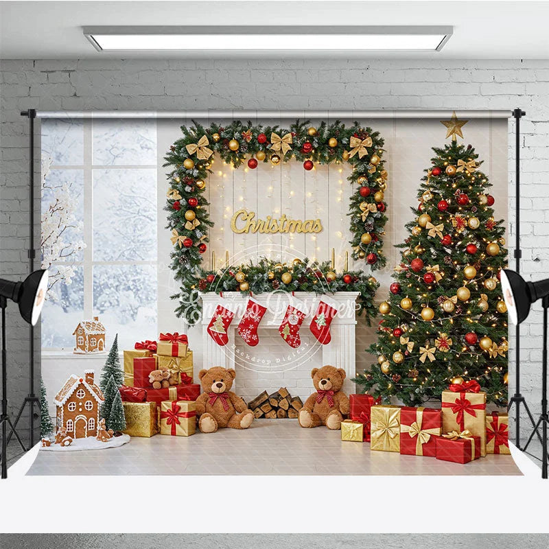 Lofaris Classic Christmas Fireplace Photography Backdrop Stockings Teddy Bears and Tree Holiday Photo Background