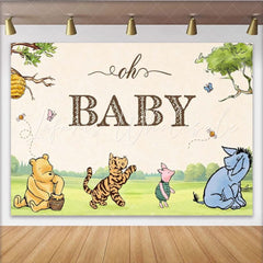 Lofaris Classic Pooh Bear Oh Baby Backdrop for Baby Shower Storybook Animals with Honey Pot Hundred Acre Wood Decor