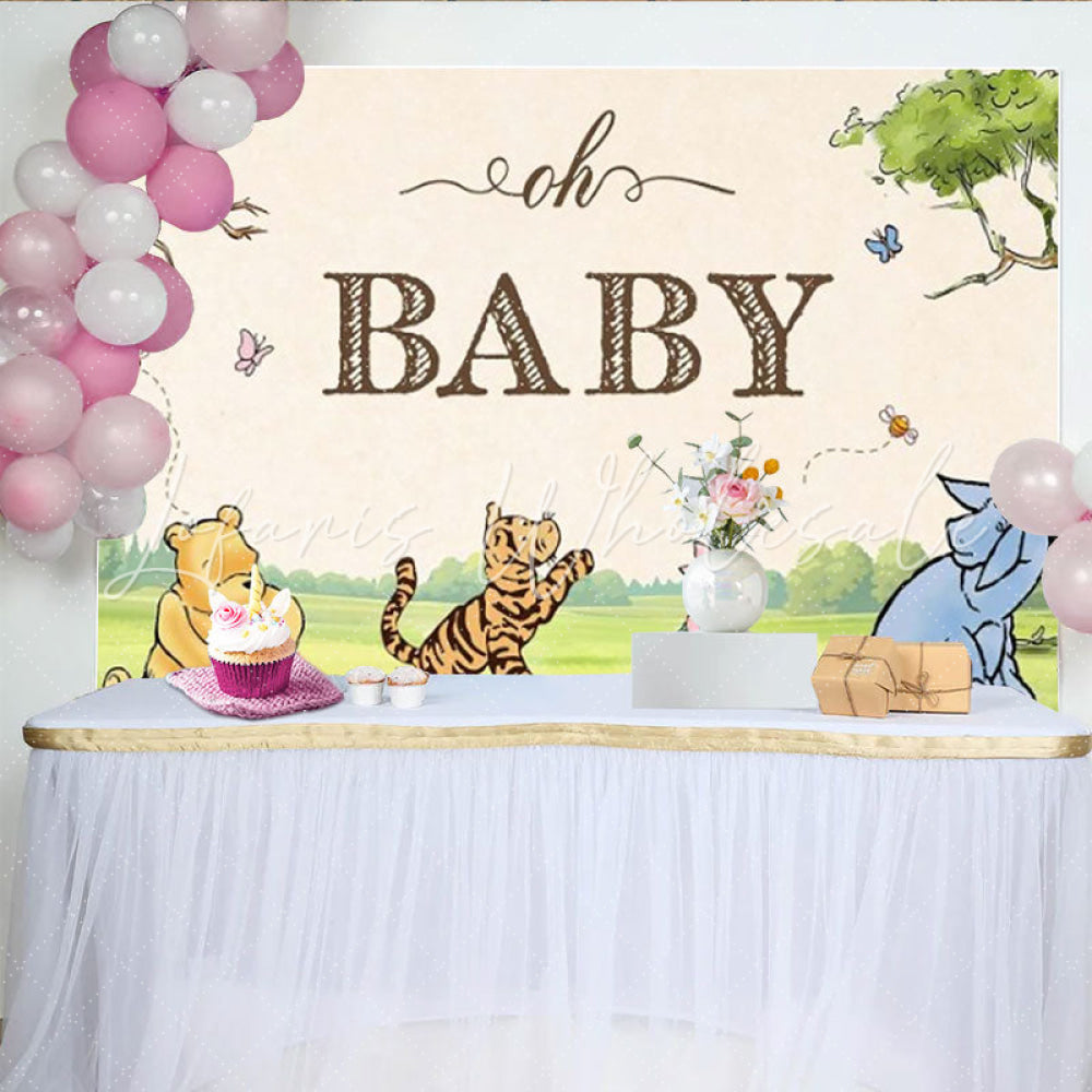 Lofaris Classic Pooh Bear Oh Baby Backdrop for Baby Shower Storybook Animals with Honey Pot Hundred Acre Wood Decor