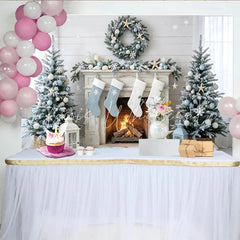 Lofaris Coastal Christmas Holiday Backdrop with Snow-Flocked Trees and Fireplace Winter Wonderland Background for Festive Home Decor