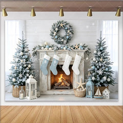 Lofaris Coastal Christmas Holiday Backdrop with Snow-Flocked Trees and Fireplace Winter Wonderland Background for Festive Home Decor