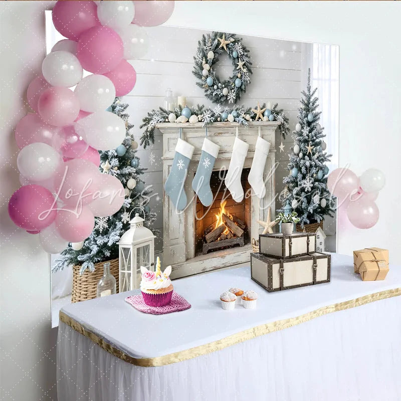 Lofaris Coastal Christmas Holiday Backdrop with Snow-Flocked Trees and Fireplace Winter Wonderland Background for Festive Home Decor