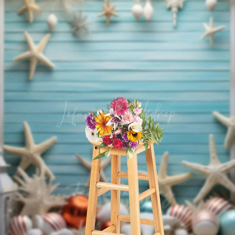 Lofaris Coastal Christmas Photography Backdrop Beach Theme with Starfish and Ornaments Blue Wood Wall Holiday Photo Prop