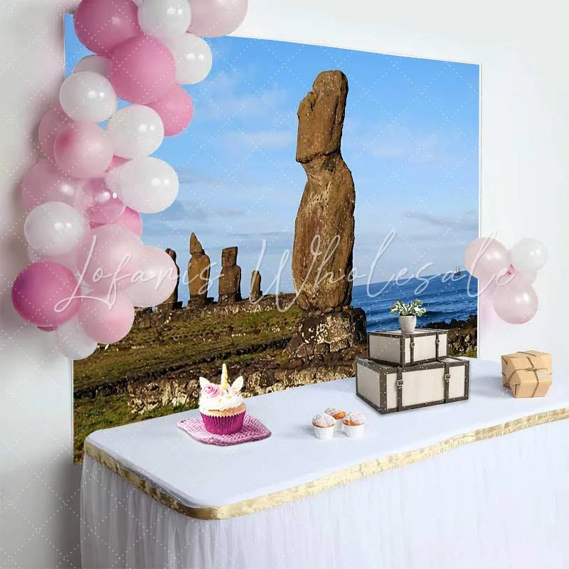 Lofaris Coastal Easter Island Moai Statue Ocean Scenery Backdrop Ancient Historic Site Landscape Photography Background