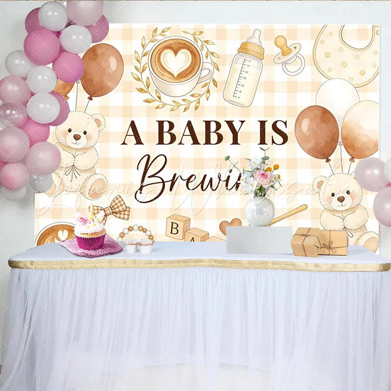 Lofaris Coffee Bear Baby Shower Backdrop with A Baby Is Brewing Text and Gingham Pattern Cute Photography Background for Party Decor