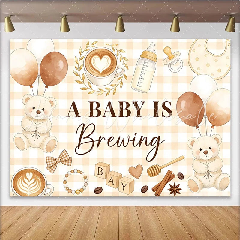 Lofaris Coffee Bear Baby Shower Backdrop with A Baby Is Brewing Text and Gingham Pattern Cute Photography Background for Party Decor