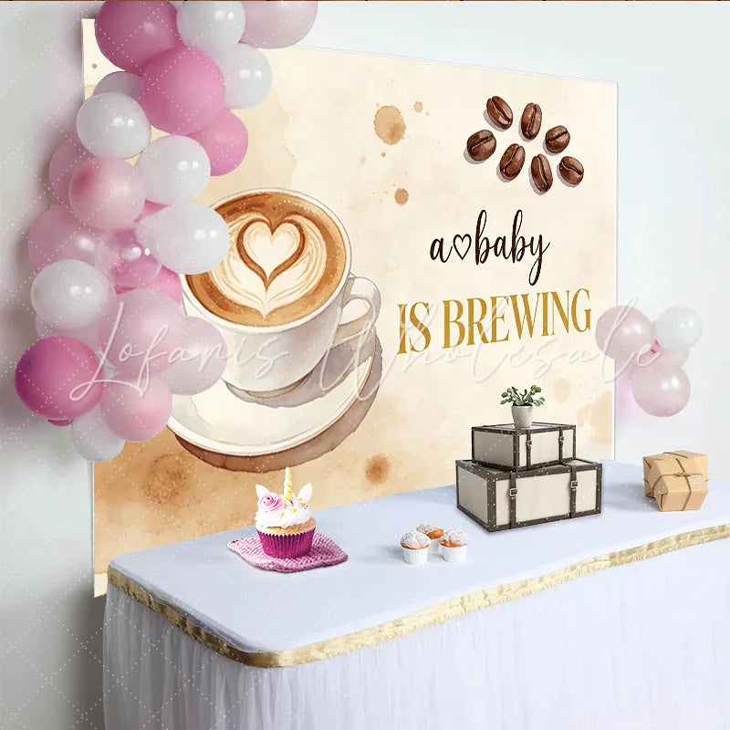 Lofaris Coffee Themed Brewing Baby Shower Backdrop with Heart Latte Art and Beans Rustic Watercolor for Pregnancy Announcement Party