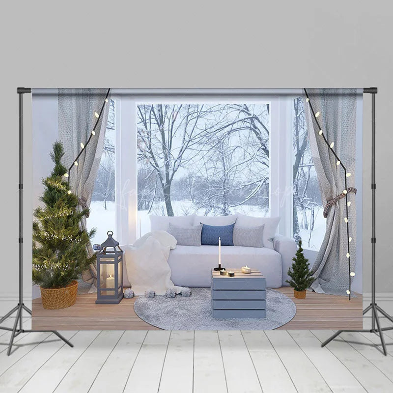 Lofaris Cold Snowy Forest Window Sofa Winter Photo Backdrop