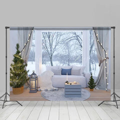 Lofaris Cold Snowy Forest Window Sofa Winter Photo Backdrop