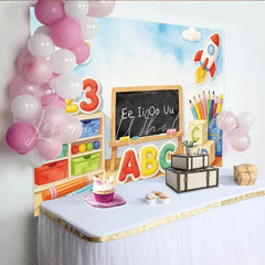 Lofaris Colorful ABC 123 Educational Photography Backdrop with Rocket and Blackboard Vibrant Classroom Learning Background for Kids