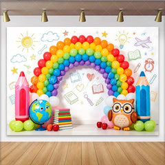 Lofaris Colorful Back to School Backdrop featuring Rainbow Balloons Pencils and Globe Fun Photo Booth Prop for Classroom Decor