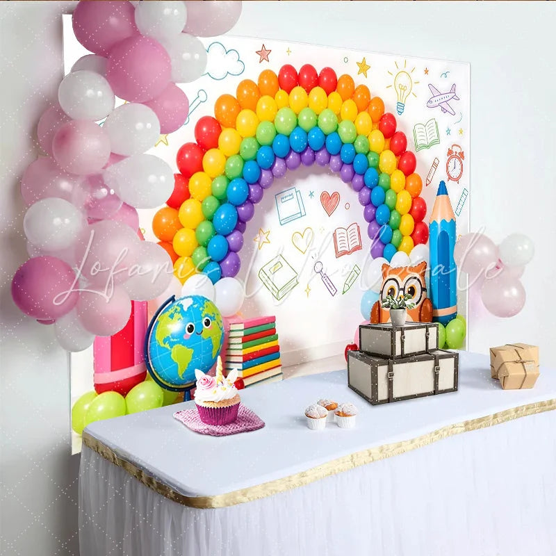 Lofaris Colorful Back to School Backdrop featuring Rainbow Balloons Pencils and Globe Fun Photo Booth Prop for Classroom Decor