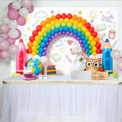 Lofaris Colorful Back to School Backdrop featuring Rainbow Balloons Pencils and Globe Fun Photo Booth Prop for Classroom Decor