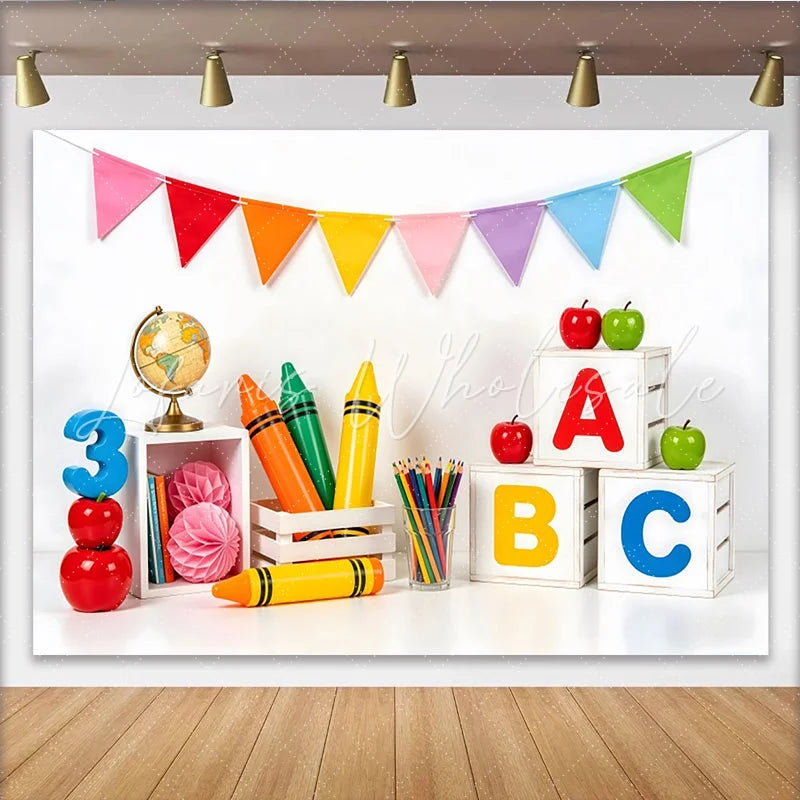 Lofaris Colorful Back To School Backdrop with ABC Blocks and Crayons Educational Photography Background for Kids Learning