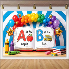 Lofaris Colorful Back To School Backdrop with Alphabet Book and School Bus Rainbow Balloons for Kids Party Decor