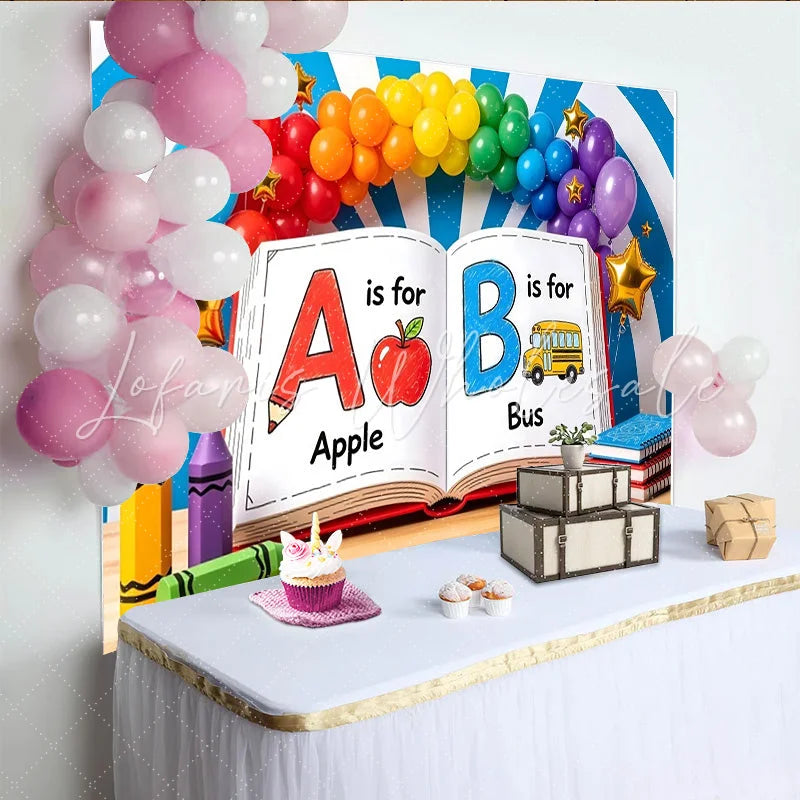 Lofaris Colorful Back To School Backdrop with Alphabet Book and School Bus Rainbow Balloons for Kids Party Decor