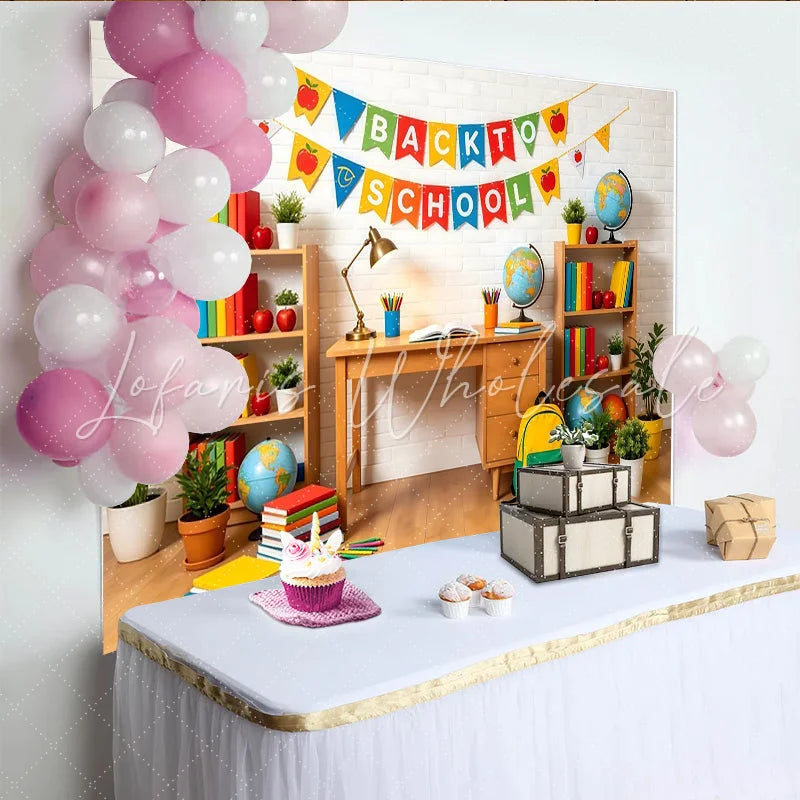 Lofaris Colorful Back To School Backdrop with Books and Globes Vibrant Classroom Background for Student Photography and Party Decor