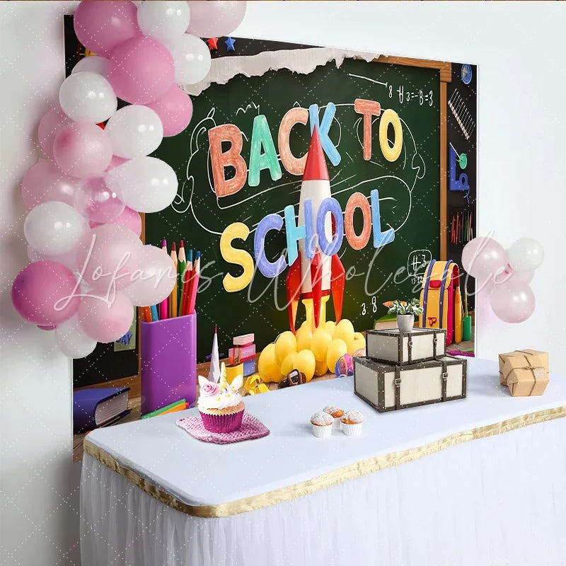 Lofaris Colorful Back To School Backdrop with Chalkboard and Rocket Vibrant School Supplies Background for Classroom Decor and Photos