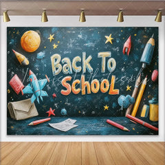 Lofaris Colorful Back To School Backdrop with Chalkboard Design Space Elements and School Supplies for Classroom Decor