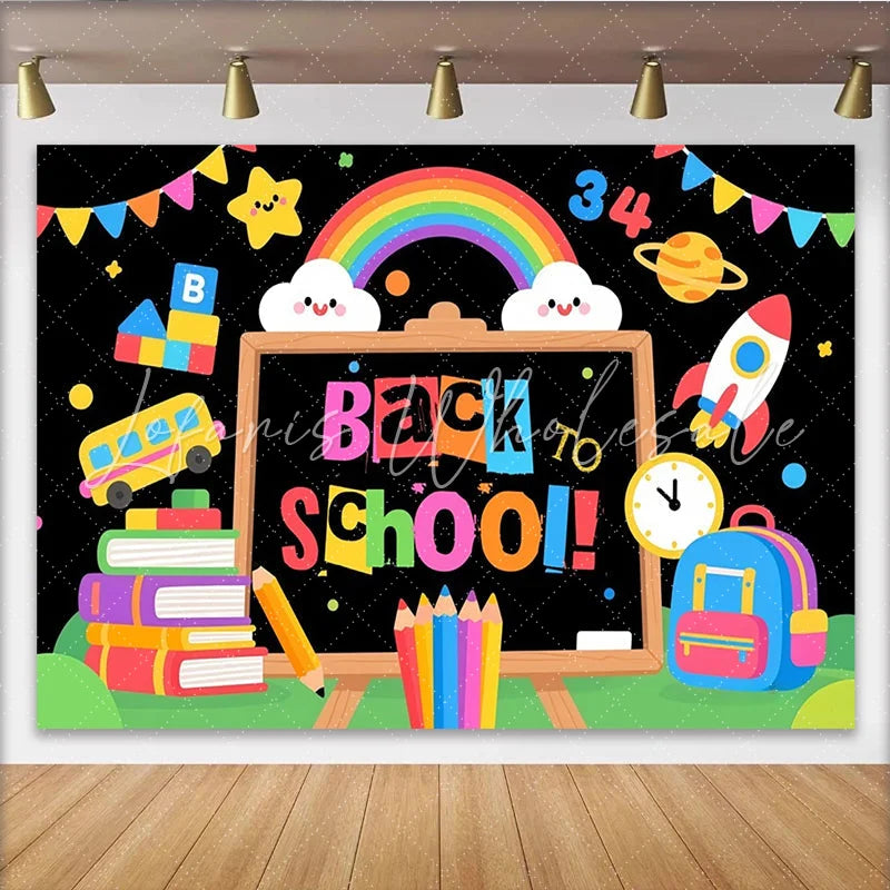 Lofaris Colorful Back To School Backdrop with Chalkboard School Bus and Rainbow Fun Photography Background for Kids and Classroom Decor