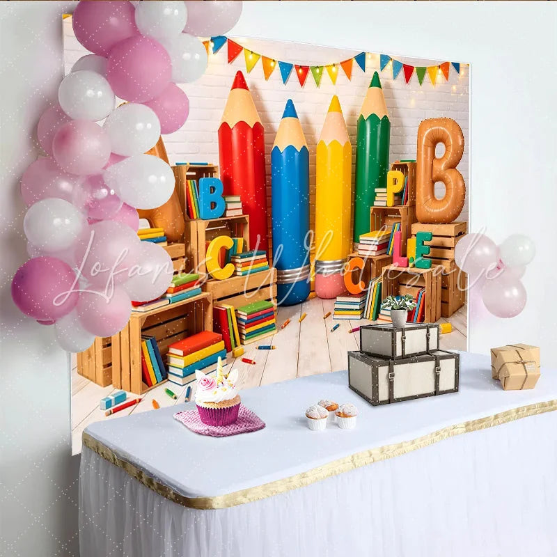 Lofaris Colorful Back To School Backdrop with Giant Pencils and ABC Letters Vibrant Classroom Photography Background for Learning Party