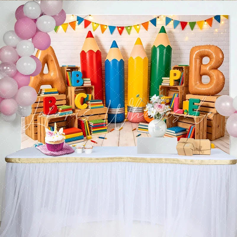 Lofaris Colorful Back To School Backdrop with Giant Pencils and ABC Letters Vibrant Classroom Photography Background for Learning Party