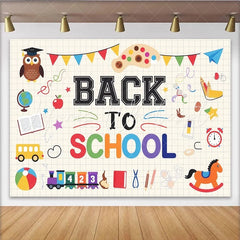 Lofaris Colorful Back To School Backdrop with Owl Globe and School Bus Vibrant Cartoon Learning Theme Background for Classroom Decor