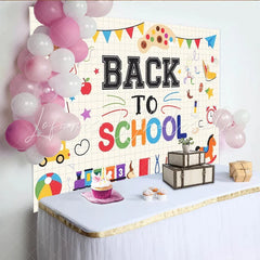 Lofaris Colorful Back To School Backdrop with Owl Globe and School Bus Vibrant Cartoon Learning Theme Background for Classroom Decor