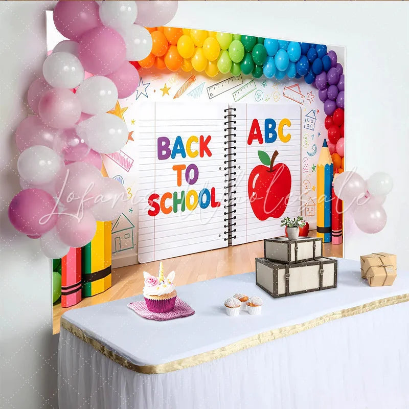 Lofaris Colorful Back To School Backdrop with Rainbow Balloons and ABC Large Notebook Design Photography Background for Classroom Decor