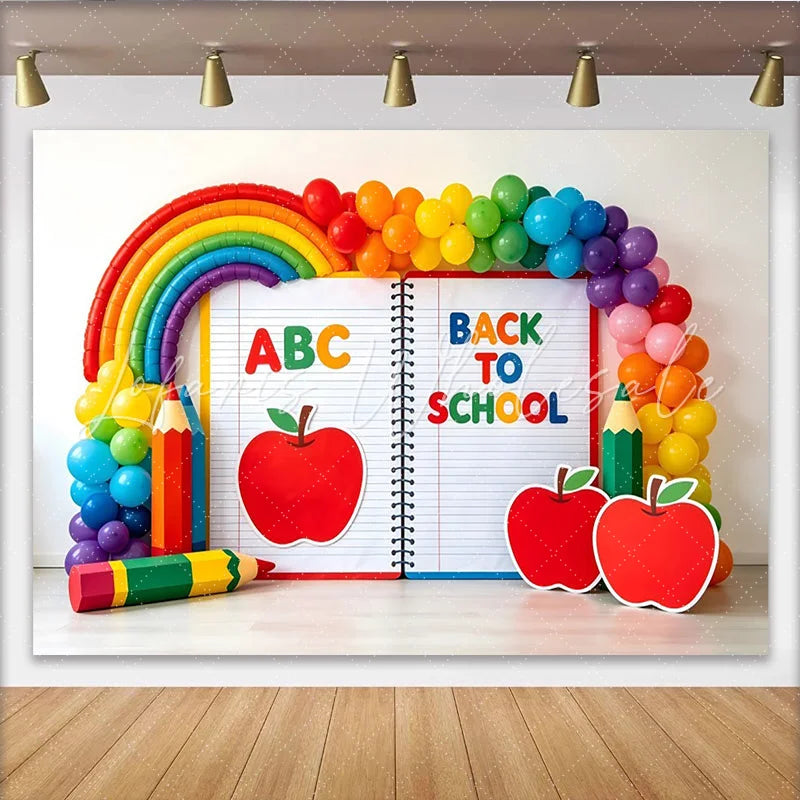 Lofaris Colorful Back To School Backdrop with Rainbow Balloons and ABC Vibrant Classroom Decor for First Day Photoshoot