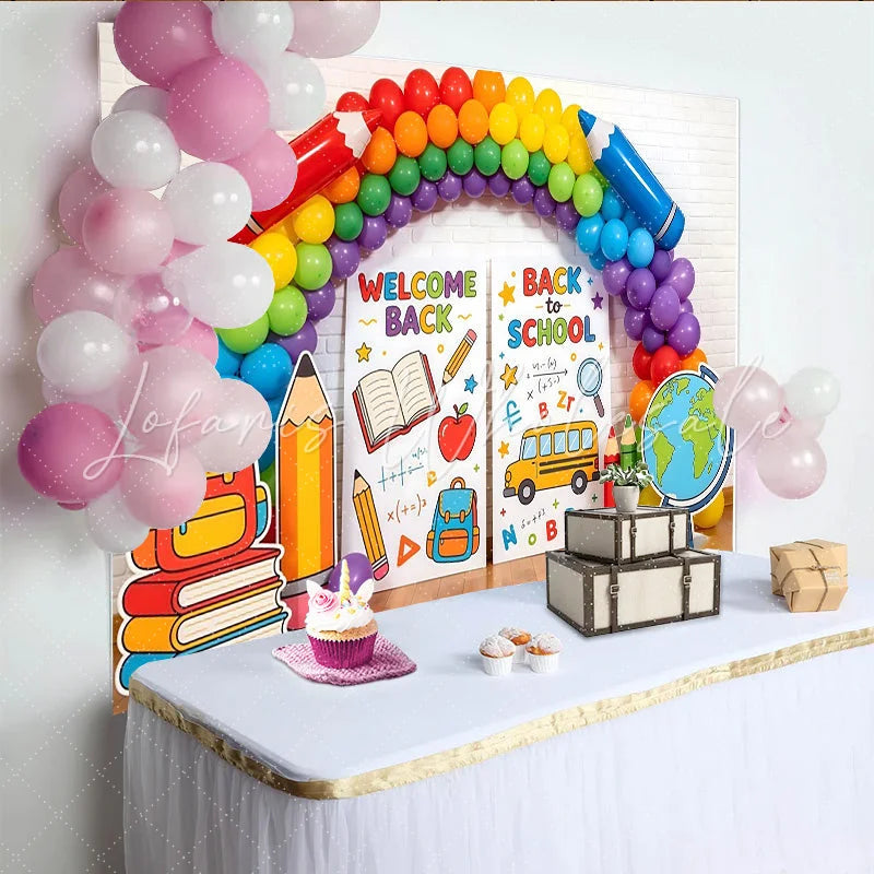 Lofaris Colorful Back To School Backdrop with Rainbow Balloons Educational Theme Background for Classroom Decor and Party Supplies