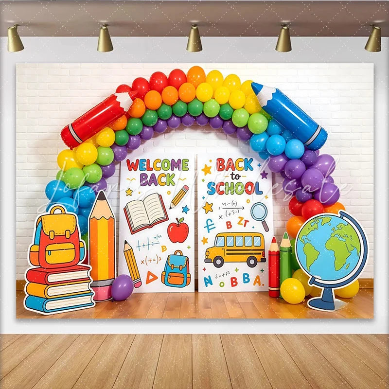 Lofaris Colorful Back To School Backdrop with Rainbow Balloons Educational Theme Background for Classroom Decor and Party Supplies