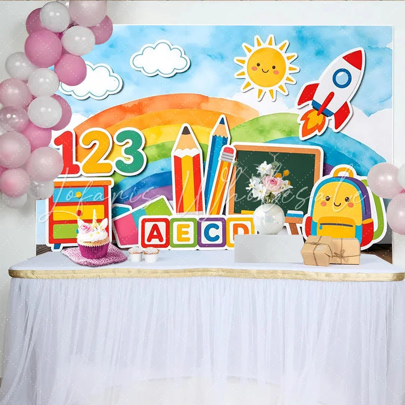 Lofaris Colorful Back To School Backdrop with Rainbow Numbers and Alphabet Fun Learning Photo Background for Kids Party Decor