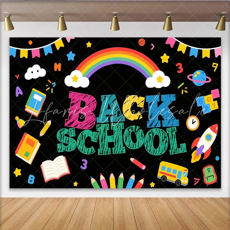 Lofaris Colorful Back To School Backdrop with Rainbow School Bus and Books Fun Classroom Decoration Background for Kids Photography