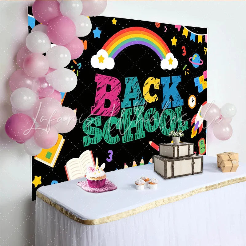 Lofaris Colorful Back To School Backdrop with Rainbow School Bus and Books Fun Classroom Decoration Background for Kids Photography