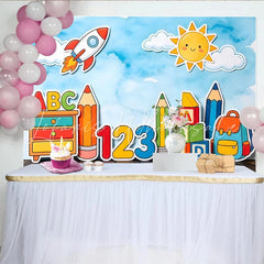 Lofaris Colorful Back to School Backdrop with Rocket Sun and ABC 123 Fun Learning Theme Background for Kids Photography