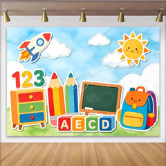 Lofaris Colorful Back To School Backdrop with Rocket Sun and Learning Elements Cute Photography Background for Kids Party Decor