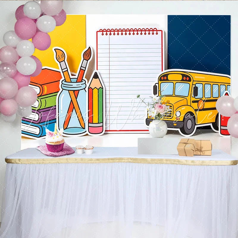 Lofaris Colorful Back To School Backdrop with Yellow Bus Books and Pencils Educational Photography Background for Classroom Decor