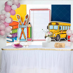 Lofaris Colorful Back To School Backdrop with Yellow Bus Books and Pencils Educational Photography Background for Classroom Decor