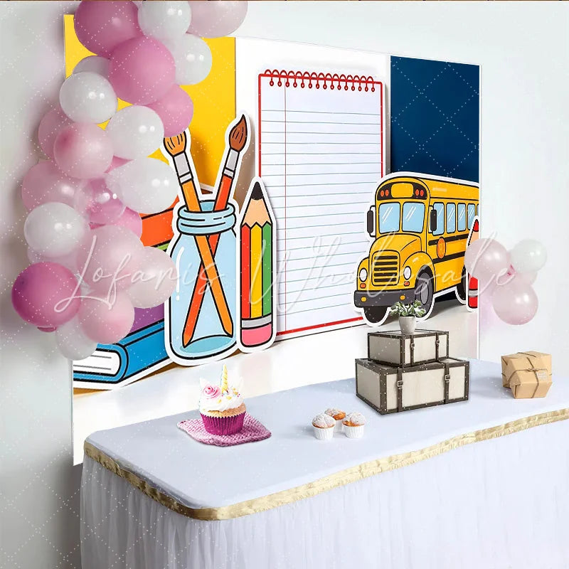 Lofaris Colorful Back To School Backdrop with Yellow Bus Books and Pencils Educational Photography Background for Classroom Decor