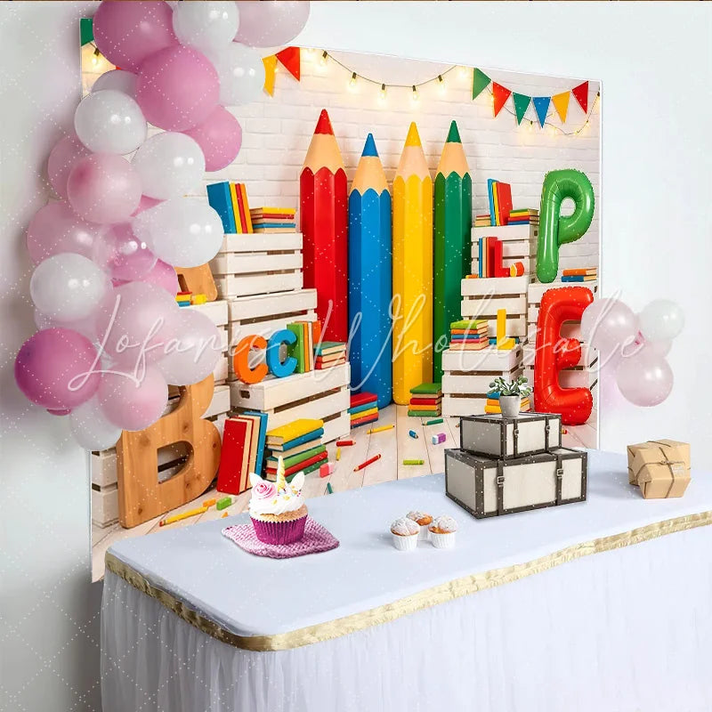 Lofaris Colorful Back To School Photography Backdrop with Pencils and Books Educational Studio Background for Kids Party Decor