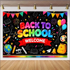 Lofaris Colorful Back To School Welcome Backdrop with Balloons and School Supplies Vibrant Classroom Decor for First Day Photoshoot