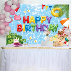 Lofaris Colorful Balloon Letters Pool Party Birthday Backdrop Tropical Summer Beach Scene Background for Kids Party Decoration