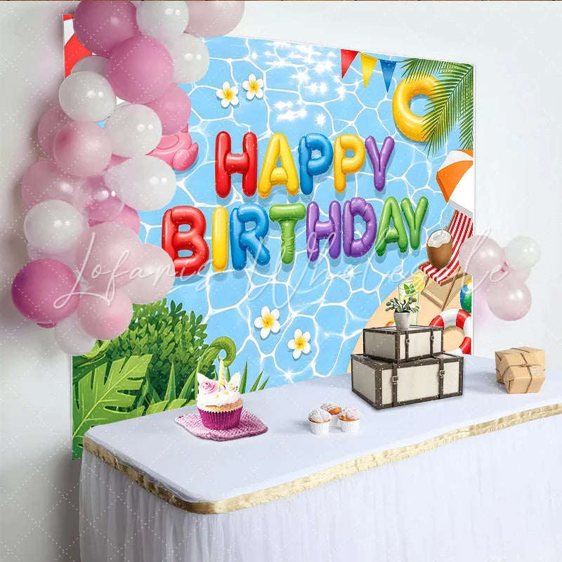Lofaris Colorful Balloon Letters Pool Party Birthday Backdrop Tropical Summer Beach Scene Background for Kids Party Decoration