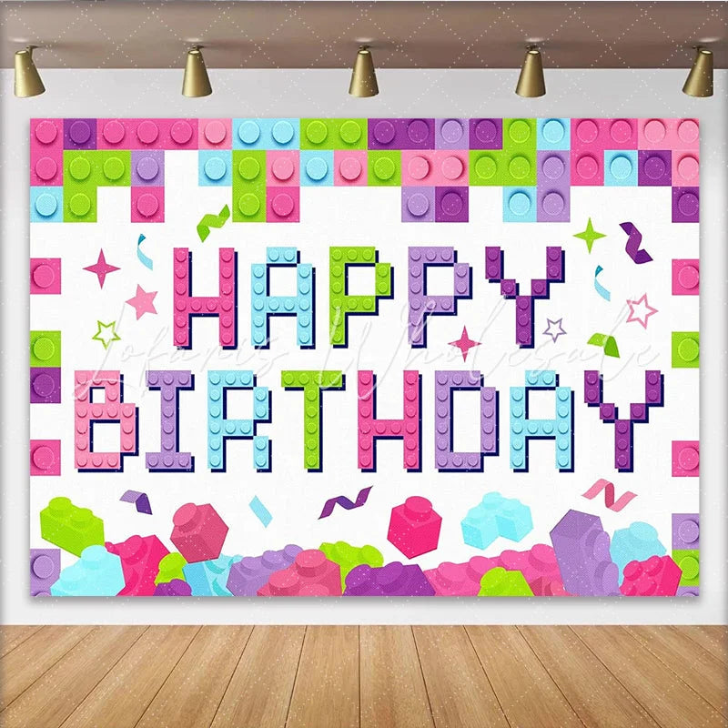 Lofaris Colorful Building Block Happy Birthday Backdrop for Kids Party Vibrant Brick Wall Theme Background for Photo Booth Props