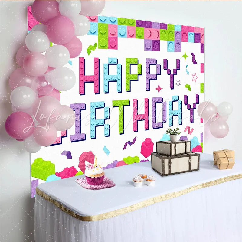 Lofaris Colorful Building Block Happy Birthday Backdrop for Kids Party Vibrant Brick Wall Theme Background for Photo Booth Props